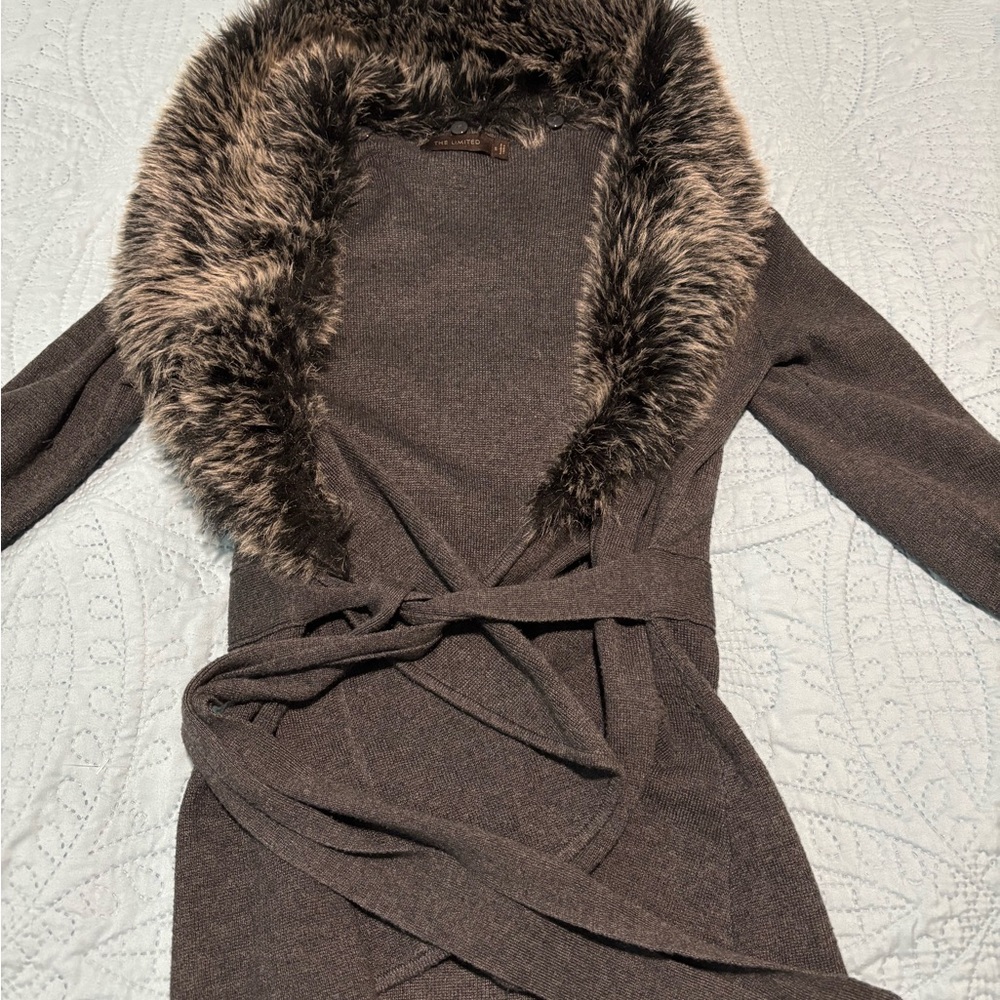 The Limited Gray Cardigan with Faux Fur Collar - Picture 2 of 2